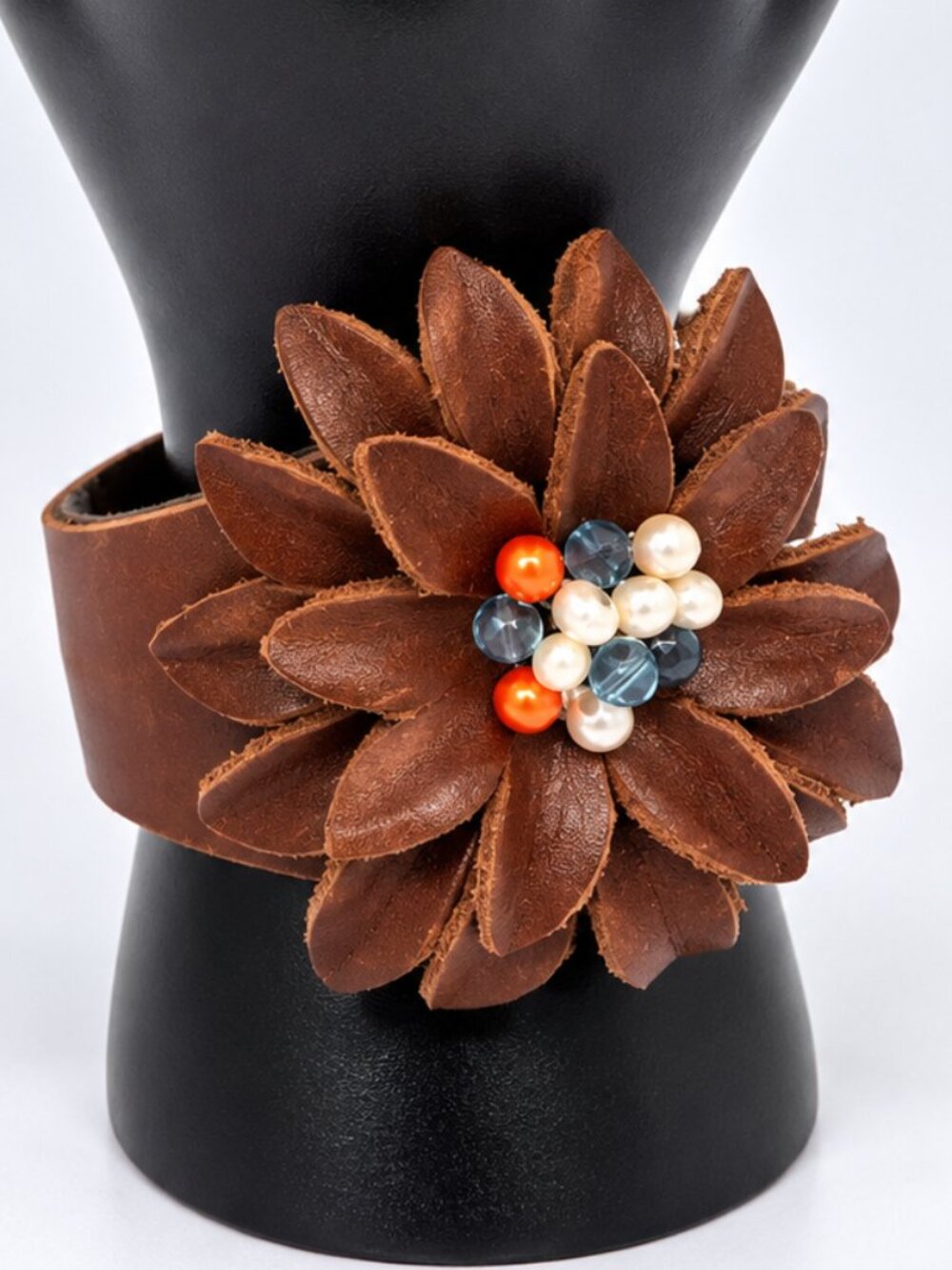 Mud Pie Brown Leather Flower Cuff Bracelet Beaded Boho Statement